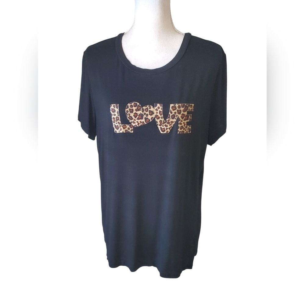 Solution Black Leopard Print LOVE Graphic Tee Short Sleeve Round Neck Size M